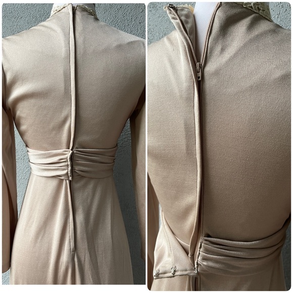 Vintage 70’s ILGWU Union Made Champagne Maxi Dress w/ Lace Pearls VTG 10 Sz 6 - Picture 10 of 11